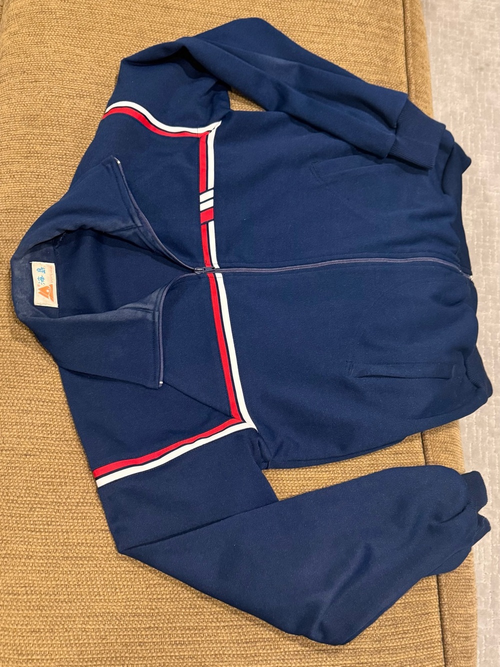 Vintage Men’s Navy Zip-Up Track Jacket with Red & White Stripes
